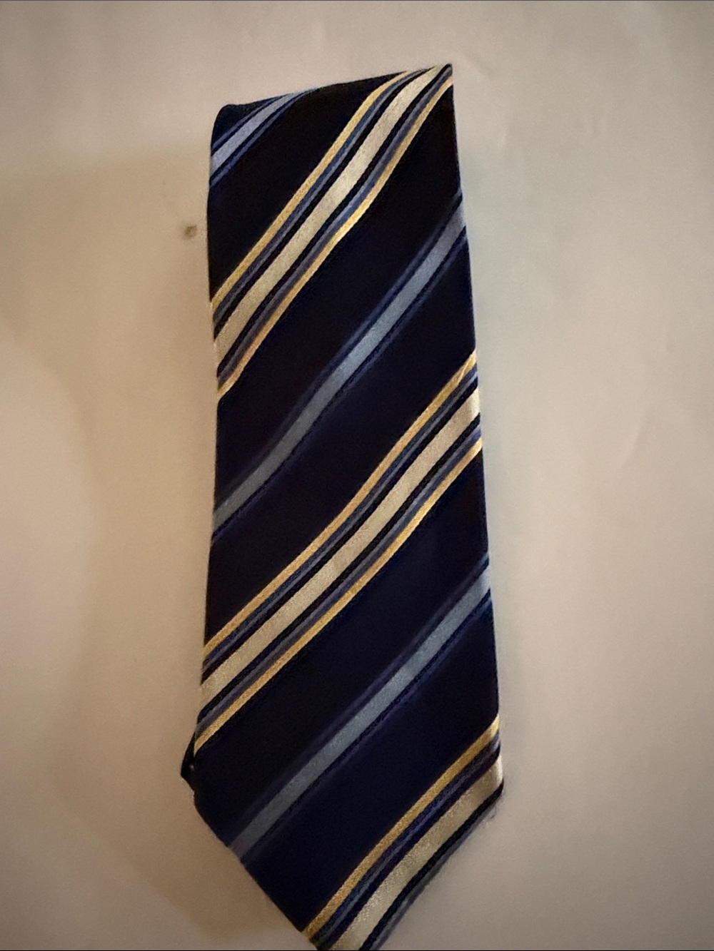 Brioni Navy Tie with Light Blue and Gold Stripes